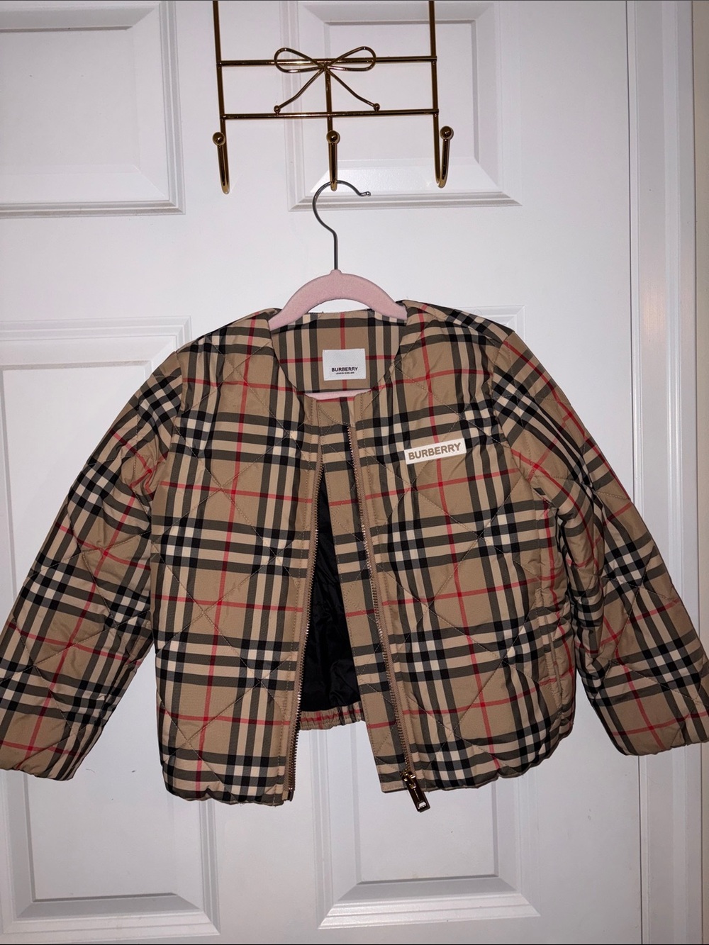 Burberry Kids Beige Nova Check Puffer Jacket with Black & Red Accents